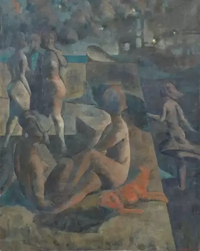 Five baigneuses, hommes d'affaires, a bateau et a chien, 1991