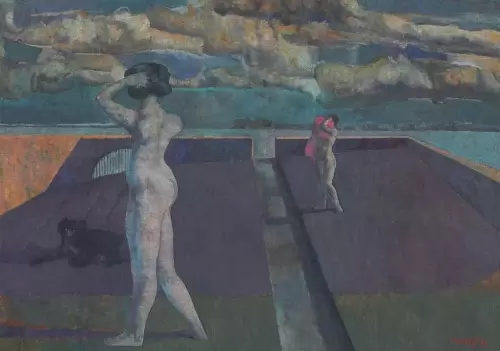 Paisaje con dos bañistas, perro, 1996